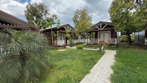 A residential area with two houses, a pathway, and a palm tree. - Apella Hotel (Kemer)