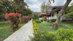 A stone pathway leading to a house with a porch, surrounded by lush greenery and trees. - Apella Hotel (Kemer)