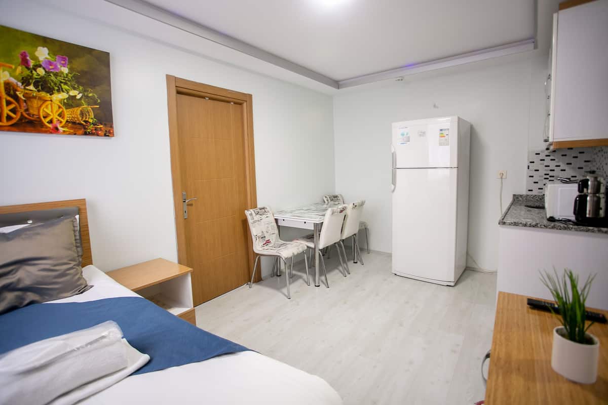 Habitación de hotel compacta con cama, un pequeño escritorio, una mesa de comedor con sillas, un refrigerador y una planta en maceta.
