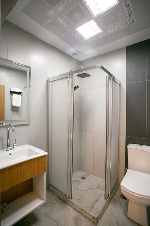 A modern bathroom with a glass-enclosed shower, a white sink, and a toilet.