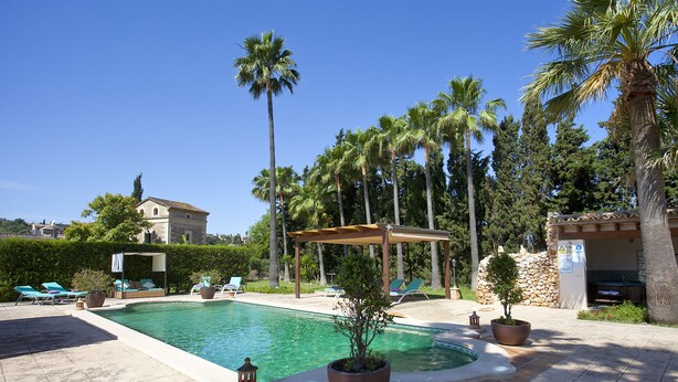 A pool area with lounge chairs, a pergola, and potted plants.