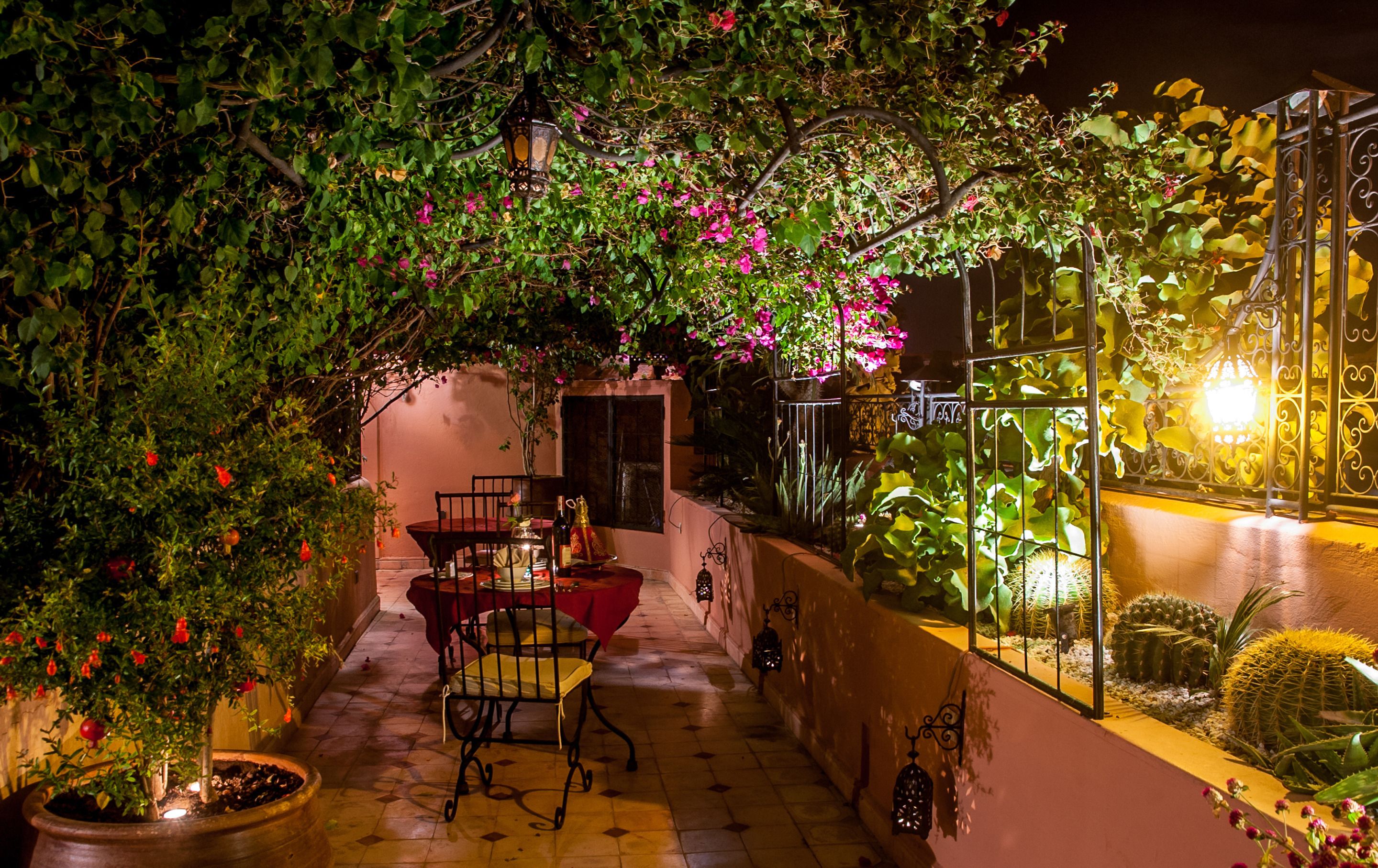 An outdoor dining area with a table and chairs, surrounded by lush greenery and flowering plants.