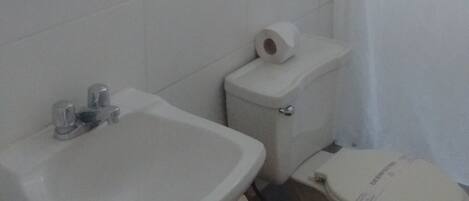 Ein Badezimmer mit Waschbecken, Toilette und Duschvorhang.
