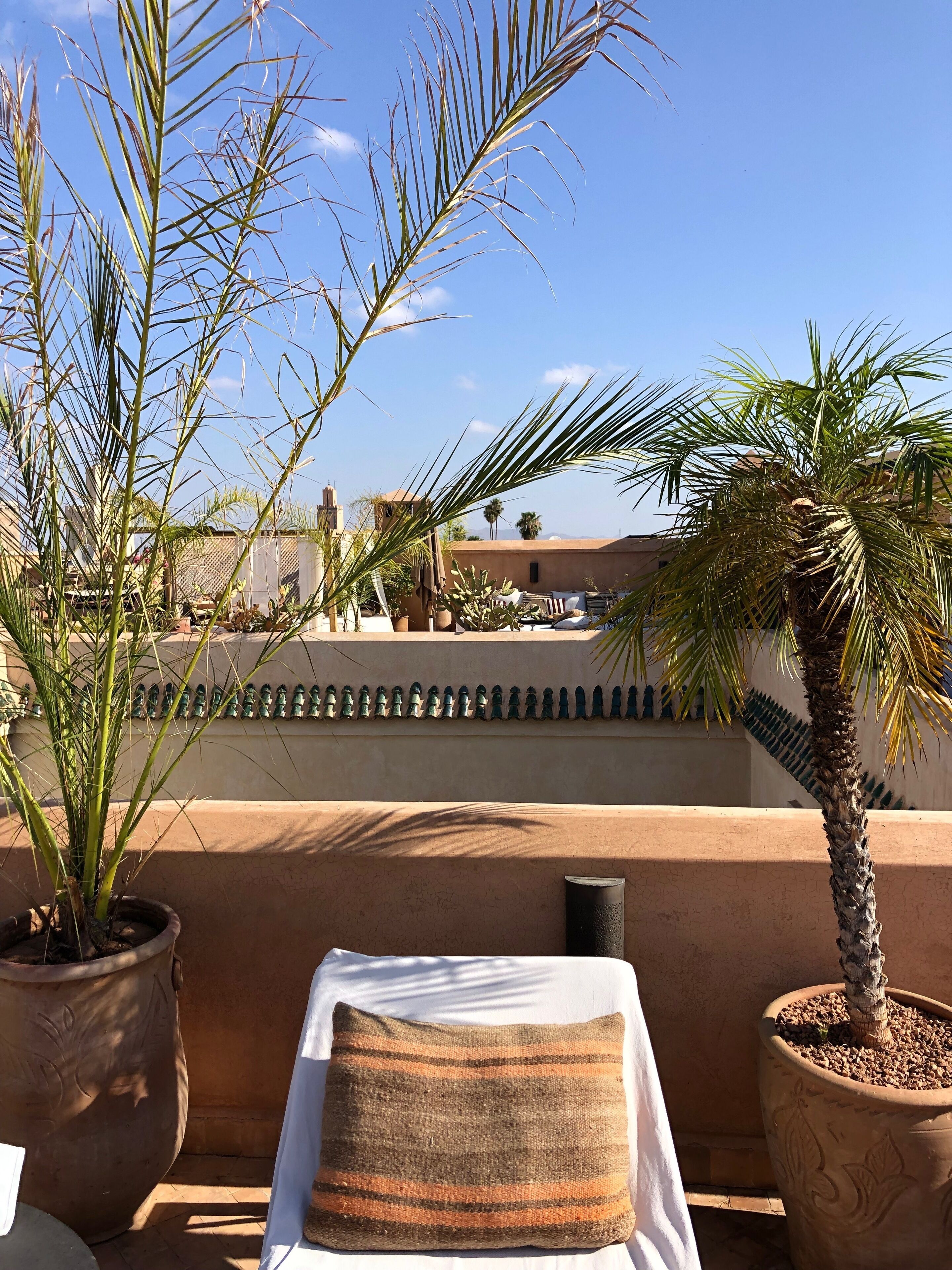 A balcony with potted plants, a cushioned seating area, and a view of buildings in the background.
