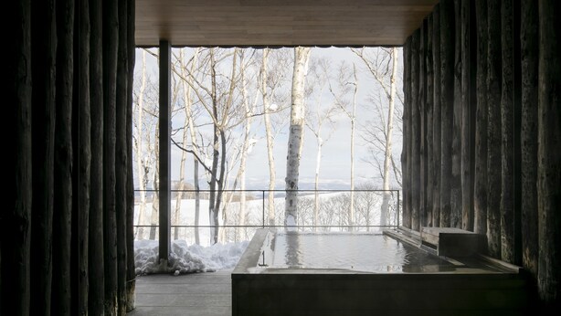 A spa area with a hot tub, wooden walls, and a view of trees and mountains. - Zaborin (Kutchan)