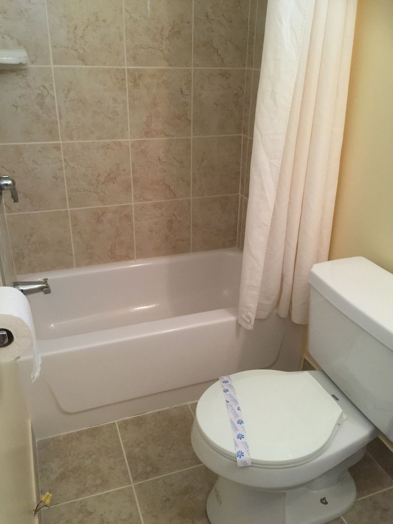 Un baño con bañera, inodoro y cortina de ducha.
