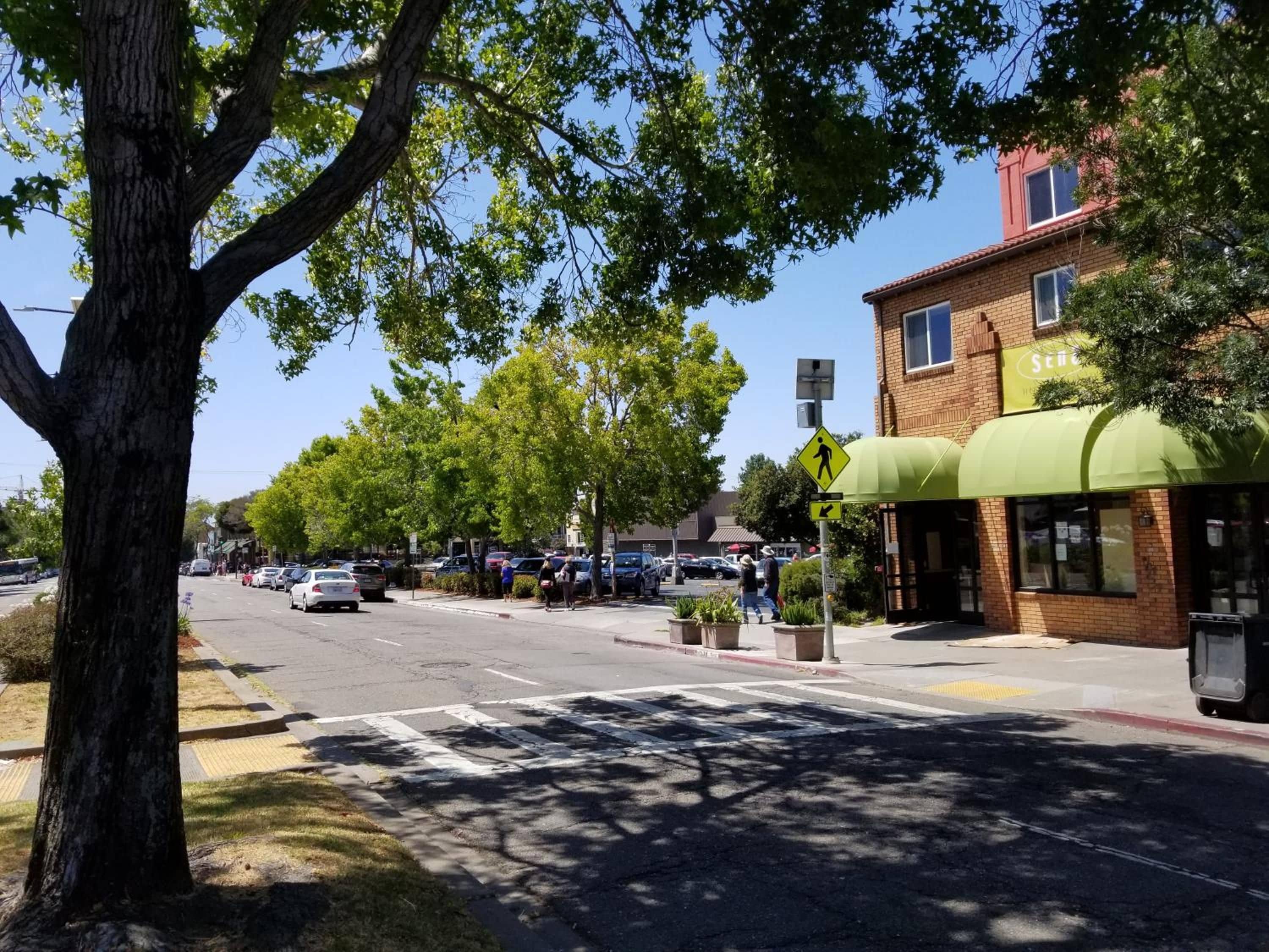 A street view with a pedestrian crossing, parked cars, and a building with a green awning.