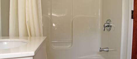 Une salle de bain avec une baignoire, une douche et un lavabo.