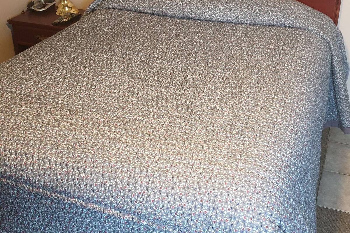 Un lit bien fait, recouvert d’une couvre-lit à motifs, une lampe de chevet, un tableau encadré accroché au mur et une petite table de chevet avec un téléphone et une télécommande.