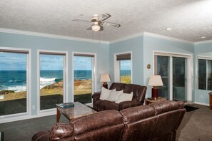 Condo, 2 Bedrooms, 2 Bathrooms, Ocean View (Ebb Tide) | Living area | Flat-screen TV, fireplace, DVD player - Keystone Vacation Rentals Village at North Pointe (Depoe Bay)
