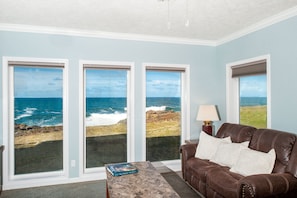 Condo, 2 Bedrooms, 2 Bathrooms, Ocean View (Ebb Tide) | Living area | Flat-screen TV, fireplace, DVD player