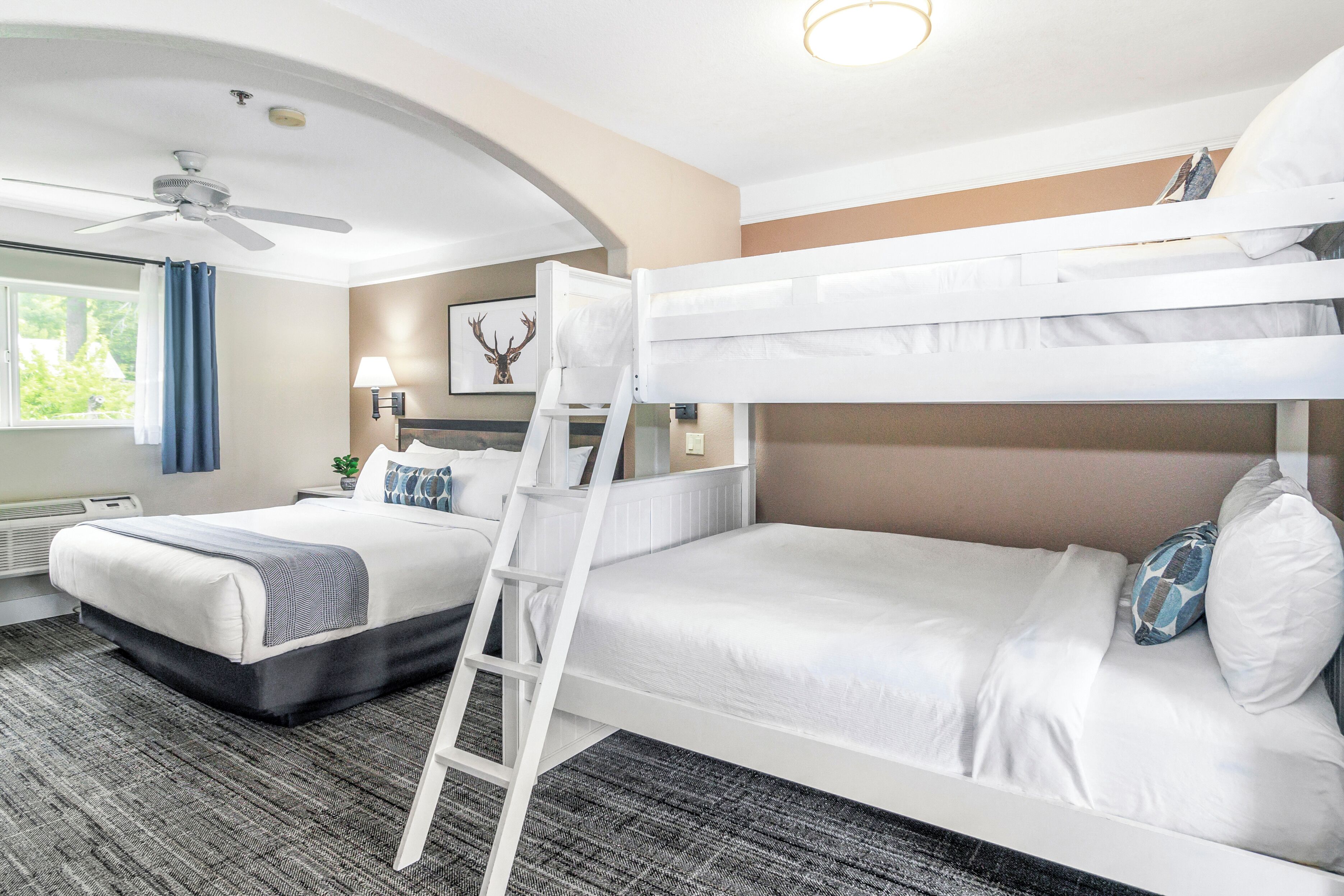Habitación de hotel con literas, un escritorio, una silla, una lámpara y un ventilador de techo.