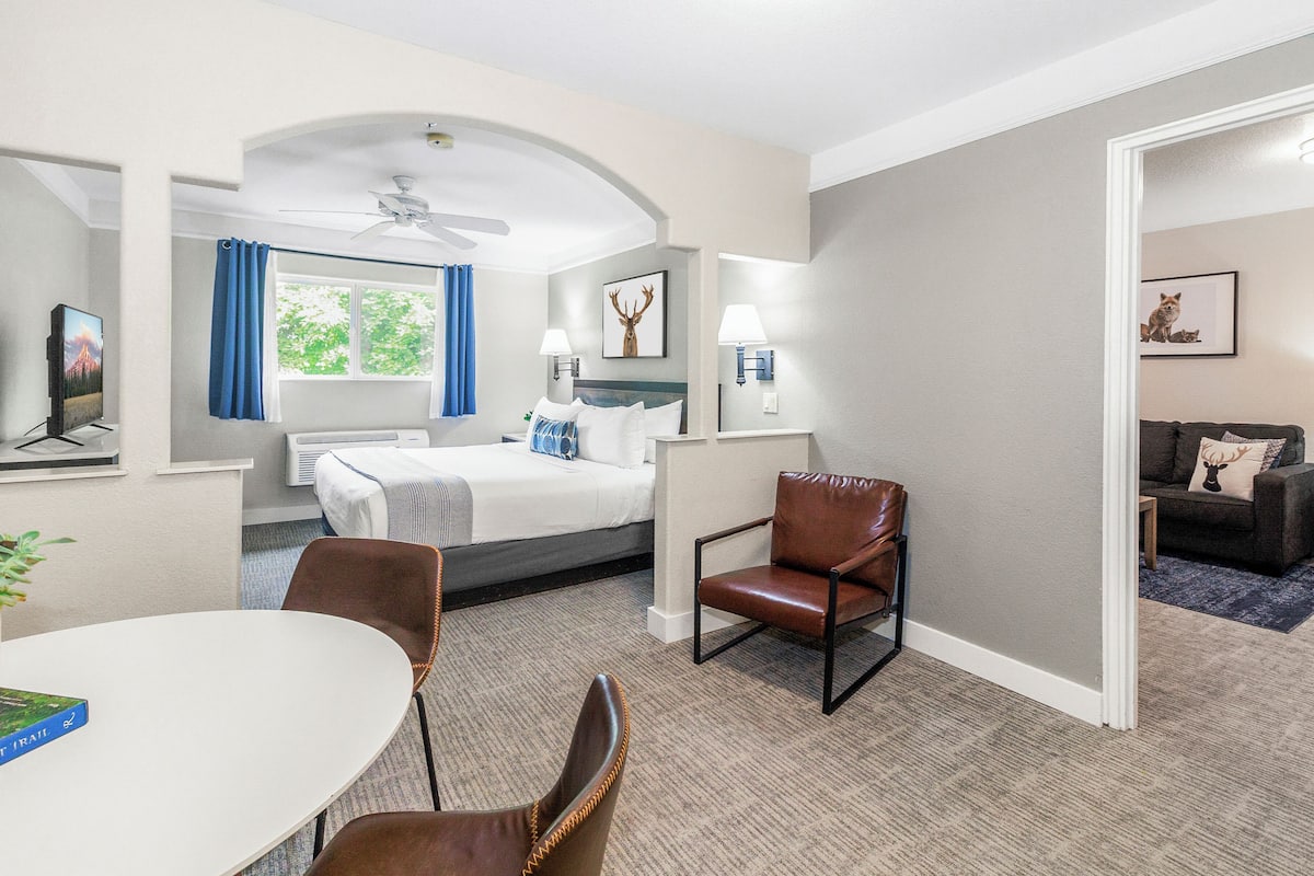 A hotel room with a bed, a desk, a chair, a sofa, and a dining table.