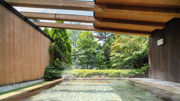 A traditional Japanese onsen with wooden beams and a stone bath. - TATESHINA LAKE RESORT (Tateshina)
