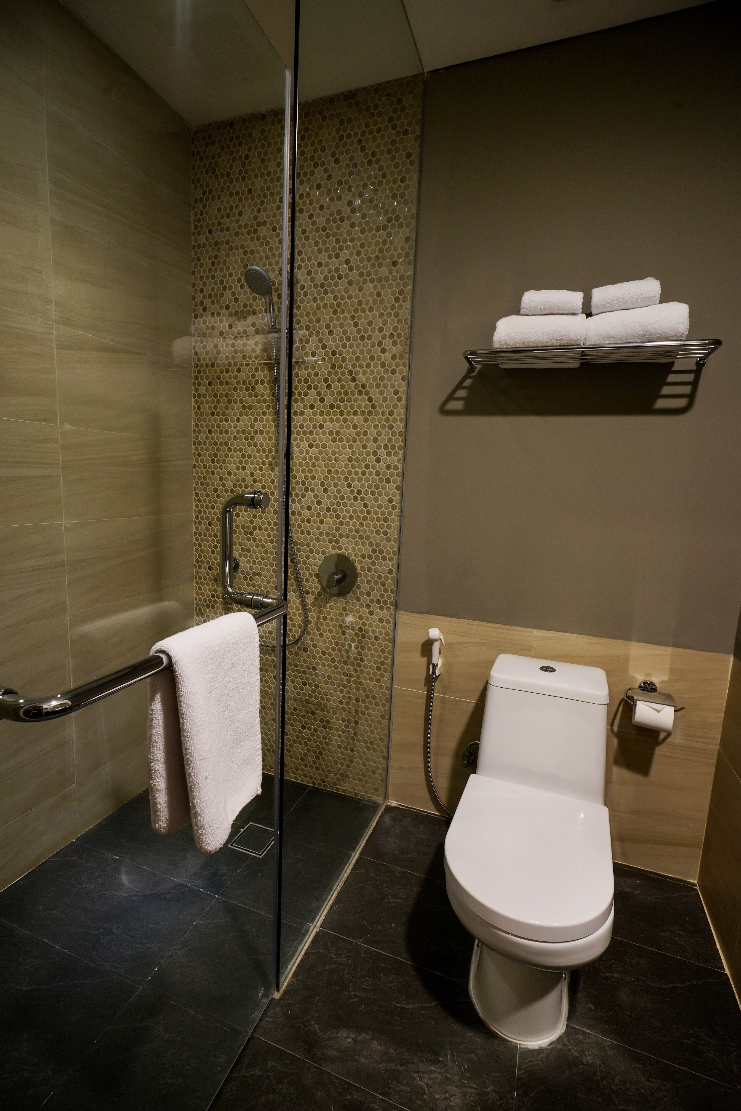 shower, free toiletries, hair dryer, towels