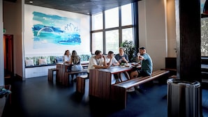 A modern meeting room with large windows, a projection screen displaying a blue landscape, wooden benches, and a metal trash can. - Wake Up! Sydney - Hostel (Haymarket)