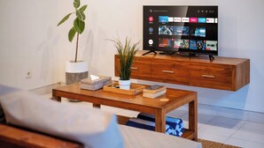 Una sala de estar con un televisor de pantalla plana montado en un mueble de madera, una mesa de centro con libros y una planta, y otra planta en maceta junto al televisor.