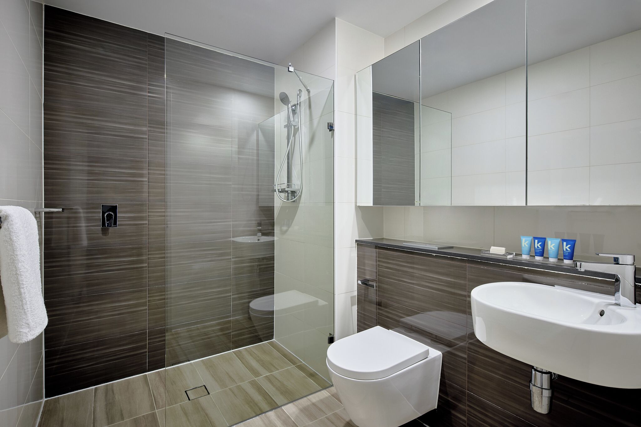 A modern bathroom with a glass-enclosed shower, a white toilet, and a large sink.
