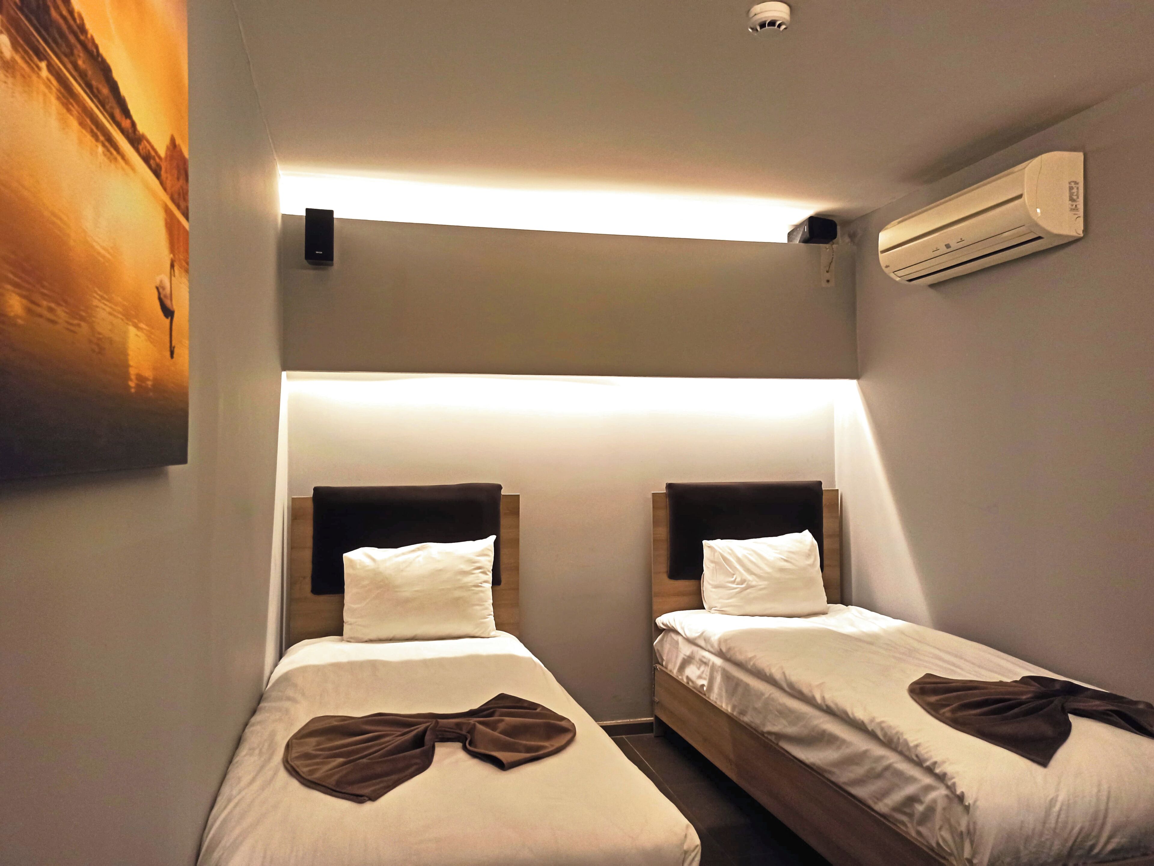 Une chambre d’hôtel avec deux lits, un climatiseur fixé au mur et un tableau accroché au mur.