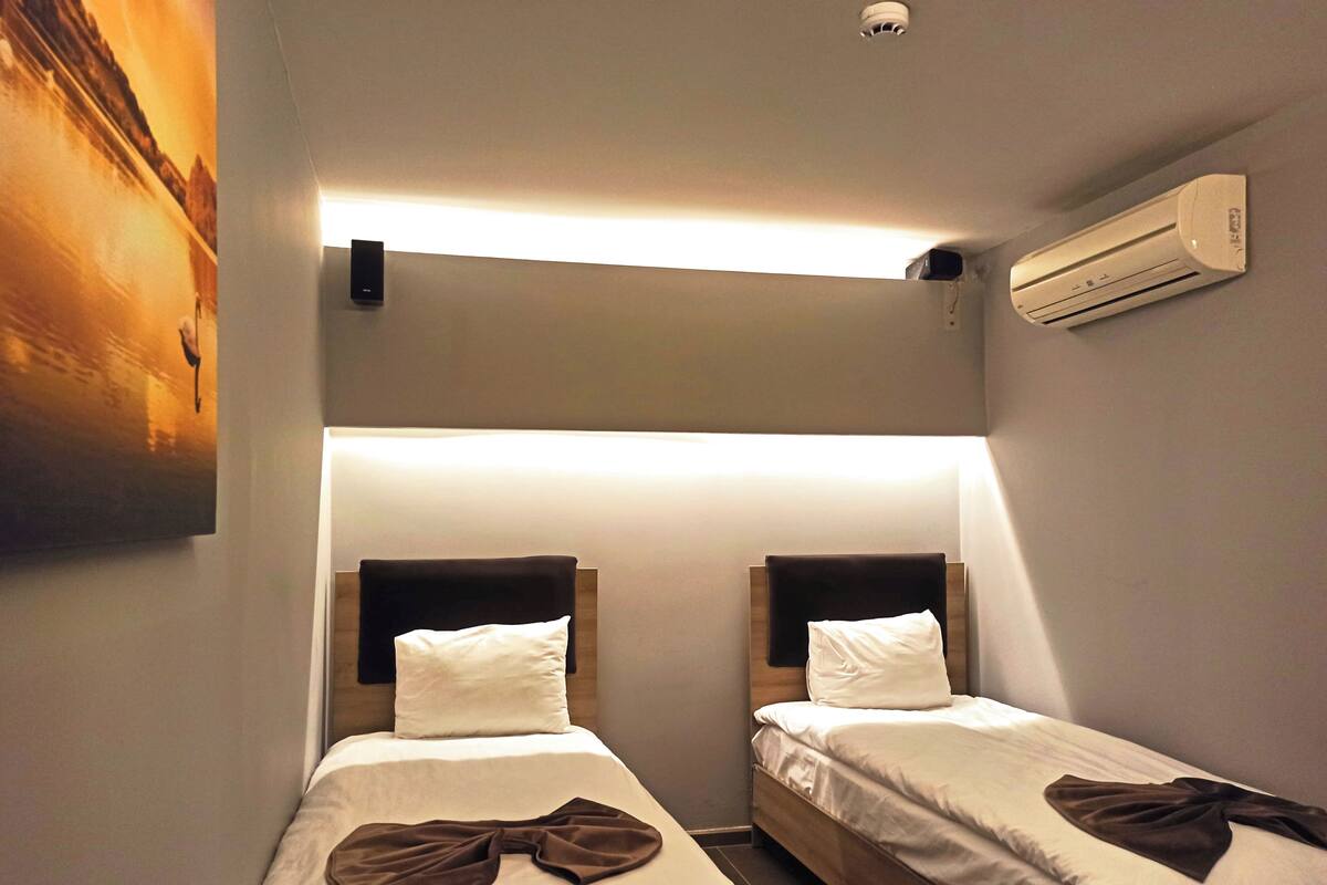 Une chambre d’hôtel avec deux lits, un climatiseur fixé au mur et un tableau accroché au mur.