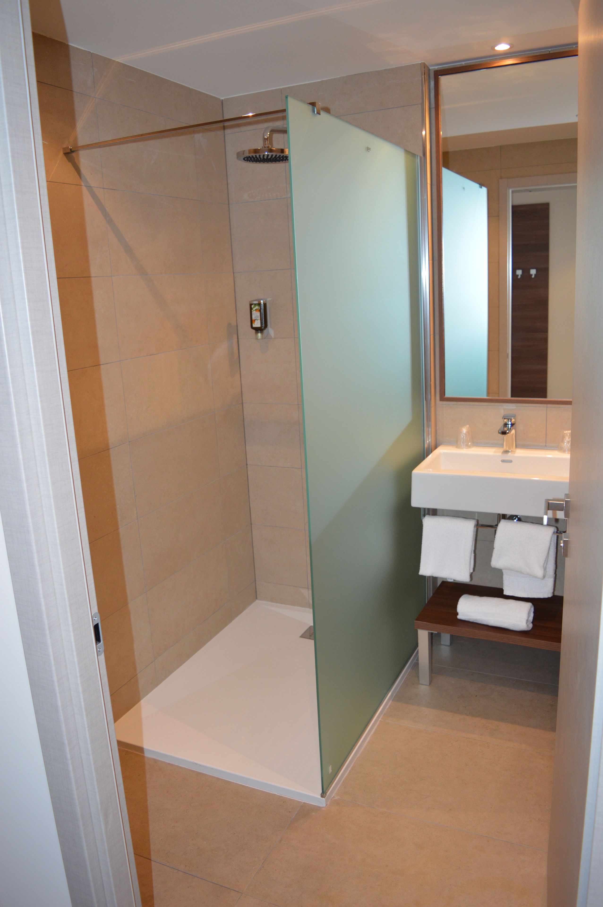 A modern bathroom with a glass shower enclosure, a white sink, and a mirror above it.