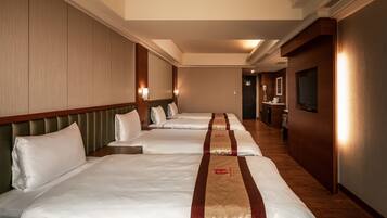 Premium bedding, desk, laptop workspace, blackout curtains