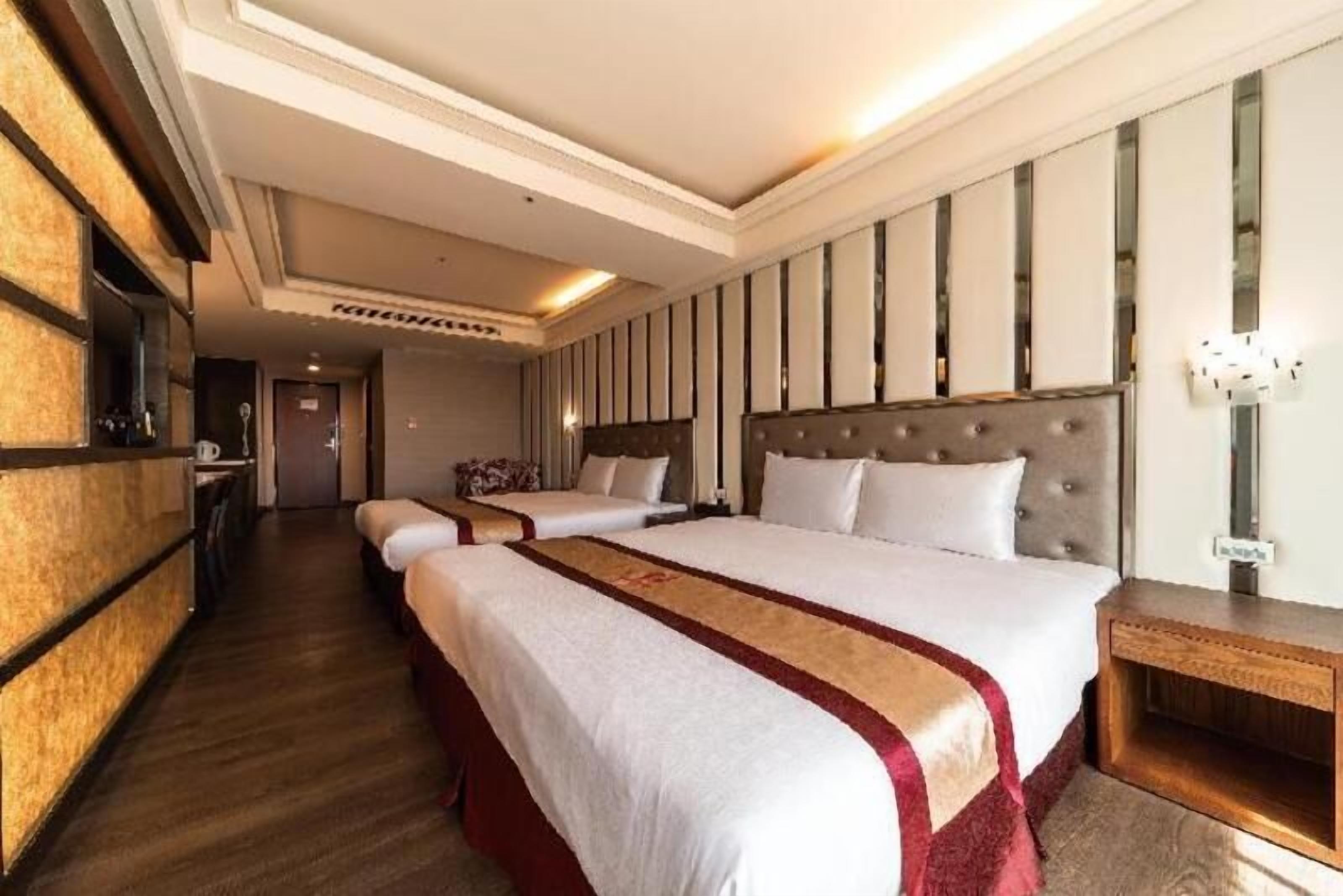 Premium bedding, desk, laptop workspace, blackout curtains