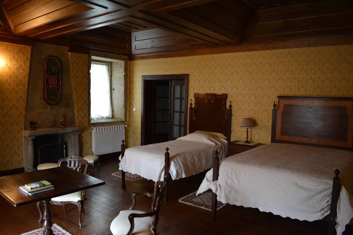A traditional room with two single beds, a wooden table, a fireplace, and a large window.