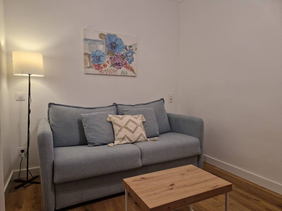 A grey sofa with a patterned cushion, a wooden coffee table, and a floor lamp.
