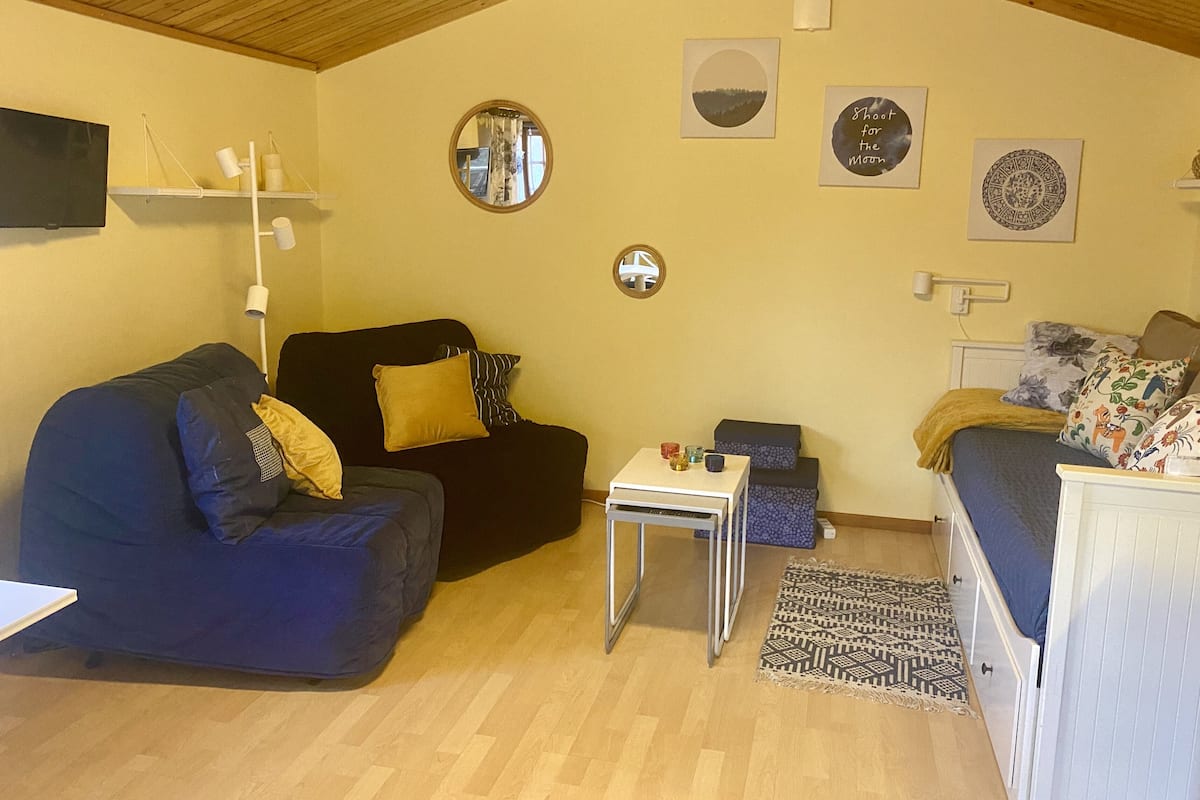 A cozy living room with a wooden ceiling, a black sofa, a blue sofa, a small white table, and a patterned rug.
