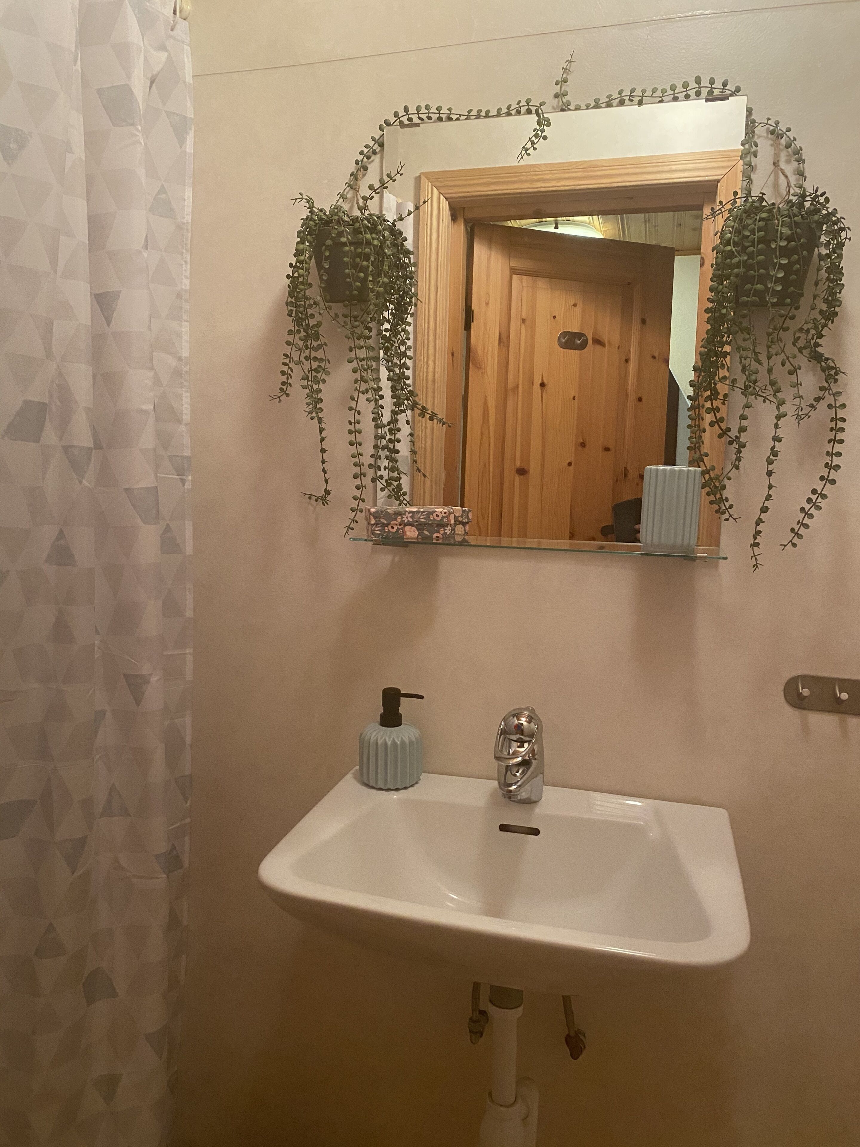 A bathroom with a white sink, a mirror, and a wooden door.