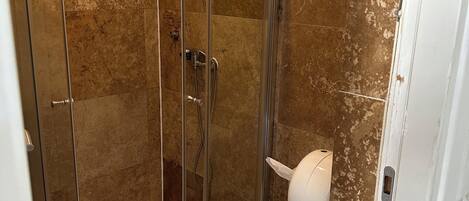 Ducha con mampara de vidrio, inodoro y cabezal de ducha.