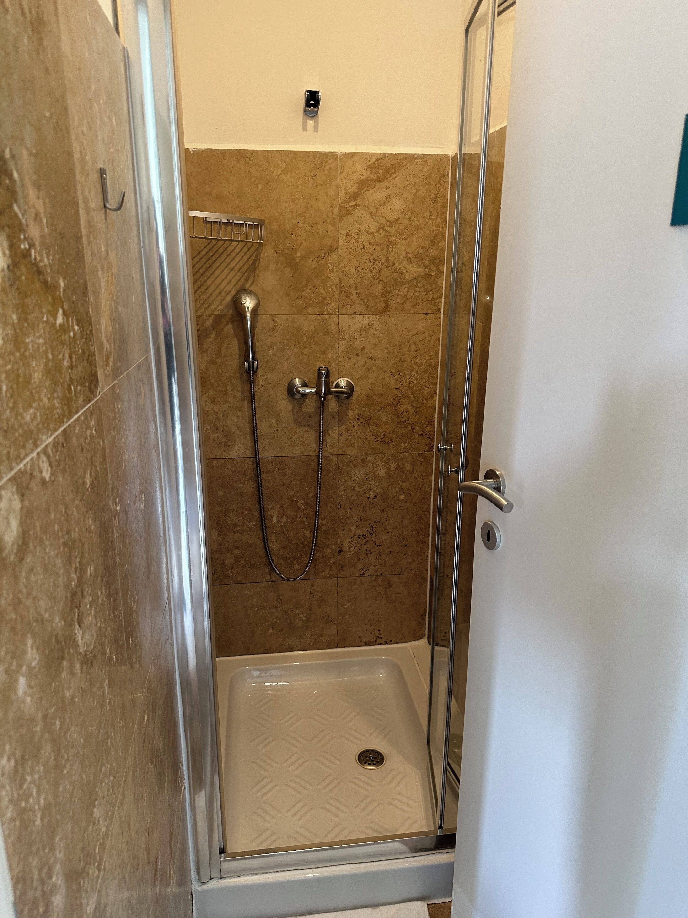 A walk-in shower with a glass door, a handheld showerhead, and a wall-mounted faucet.
