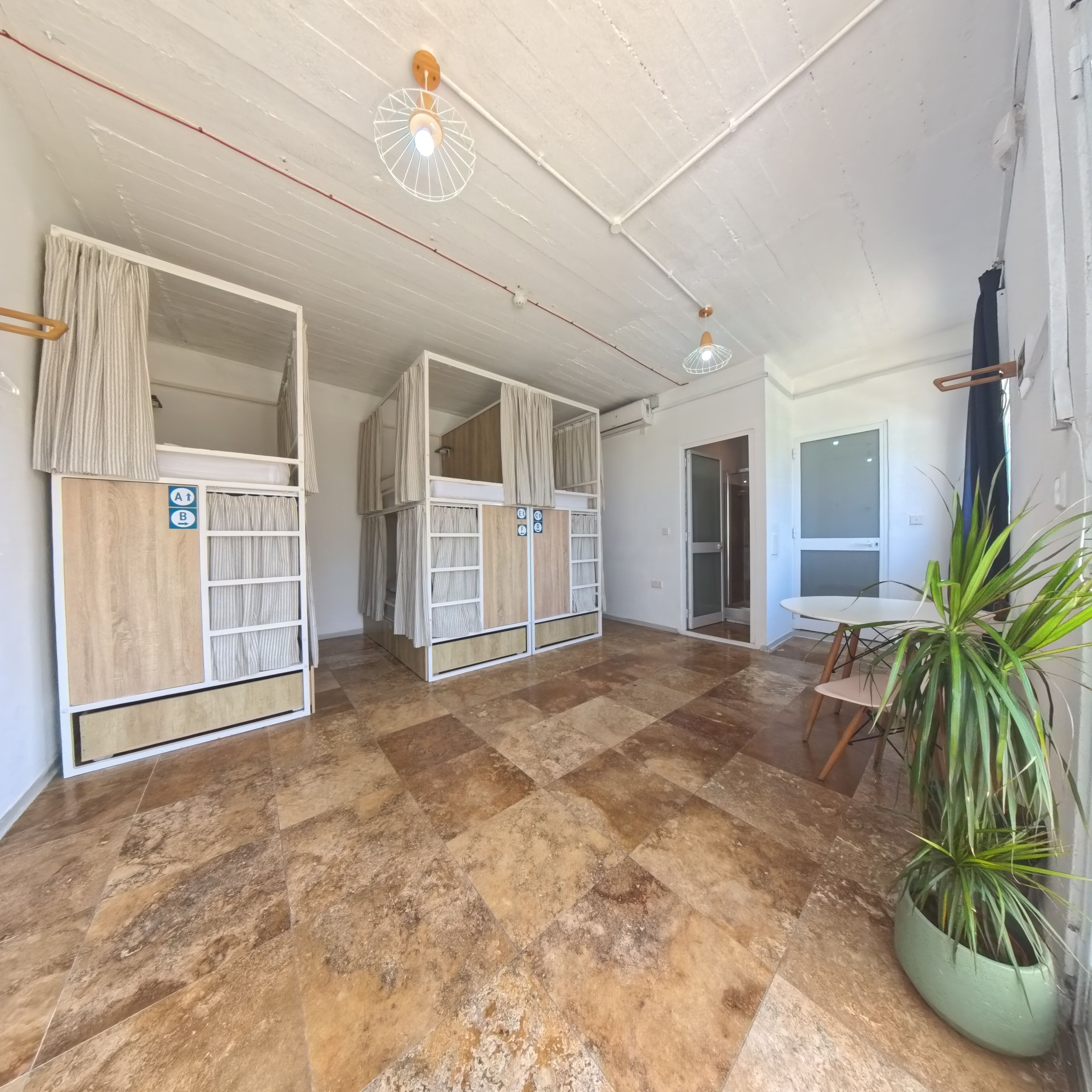 Una habitación con literas, una planta en maceta y piso de baldosas.