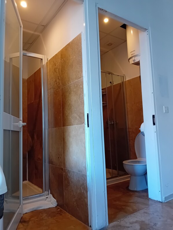 A bathroom with a glass shower enclosure, a toilet, and a shower area with a glass door.