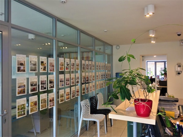 A modern office space with glass walls displaying photographs, a white chair, a red potted plant, and a desk with a laptop.