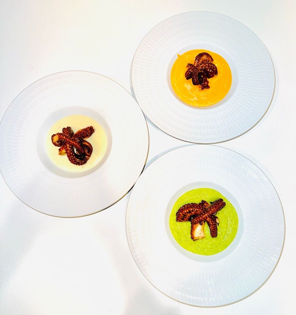 Three plates with different food presentations.