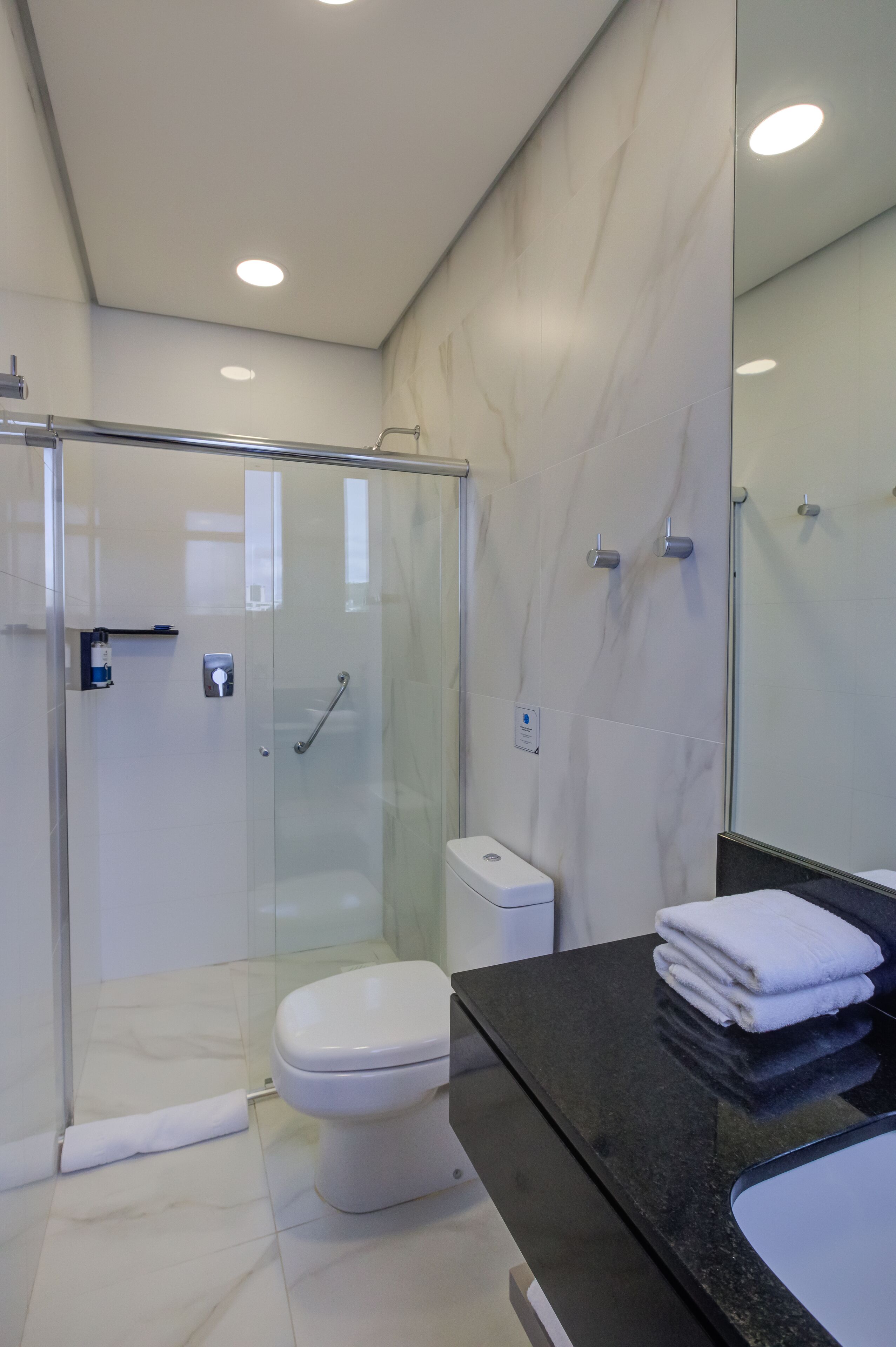 Un baño moderno con ducha de vidrio, inodoro y lavamanos con encimera negra.