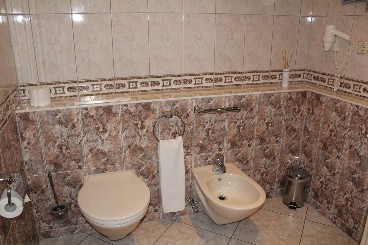 luxury suite | bathroom | free toiletries, hair dryer, towels, soap