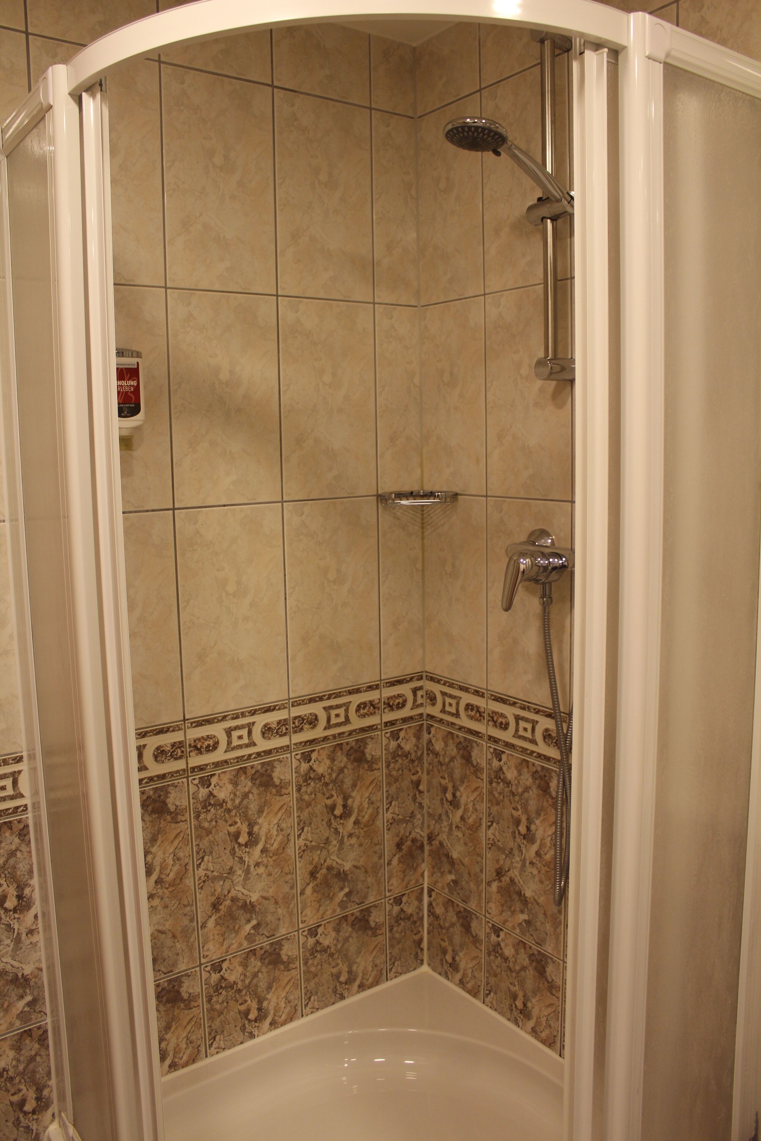 Ducha con puerta curva, paredes de azulejos y cabezal de ducha de mano.