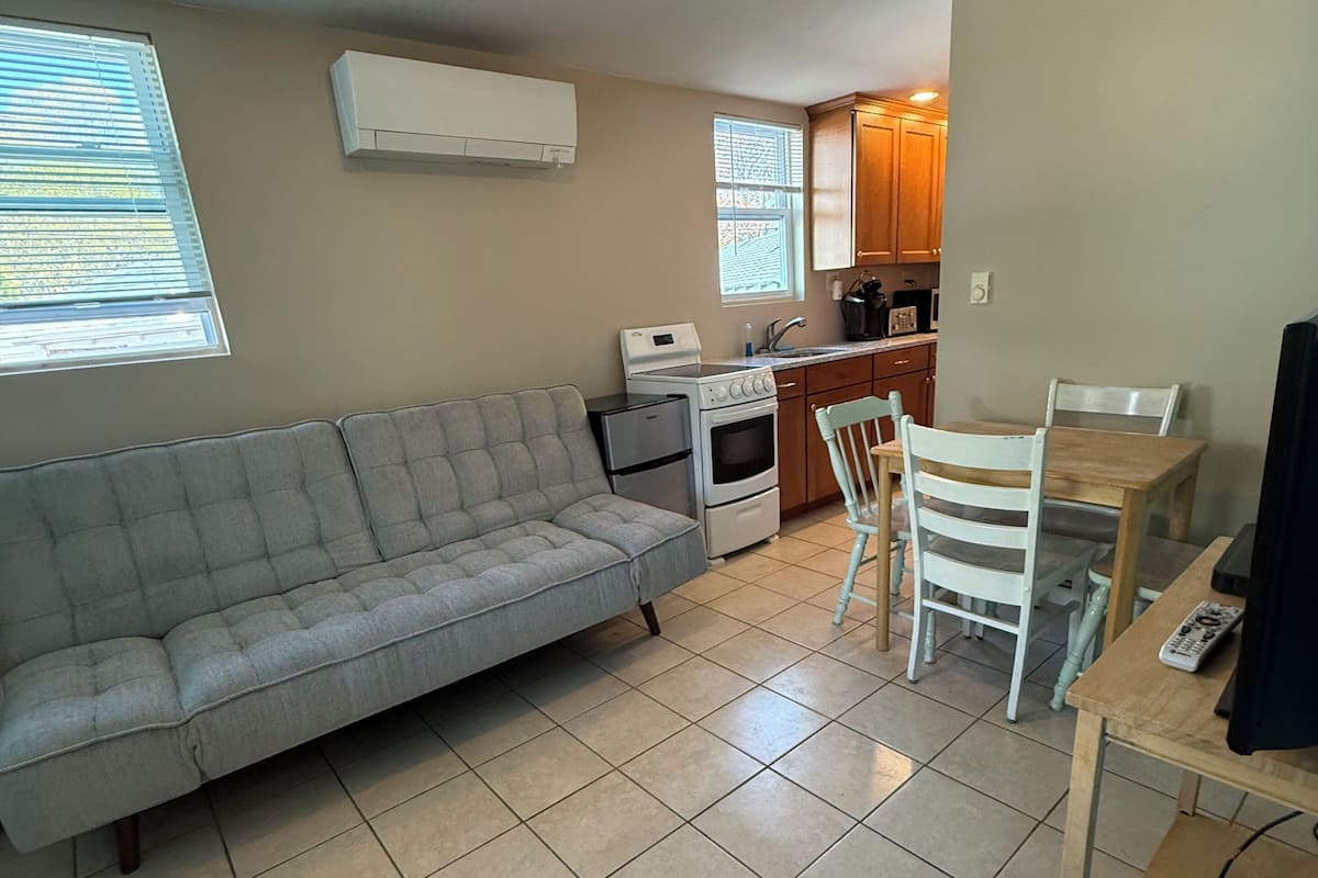A compact living space with a sofa, a dining table with chairs, a kitchenette, and a ceiling light fixture.