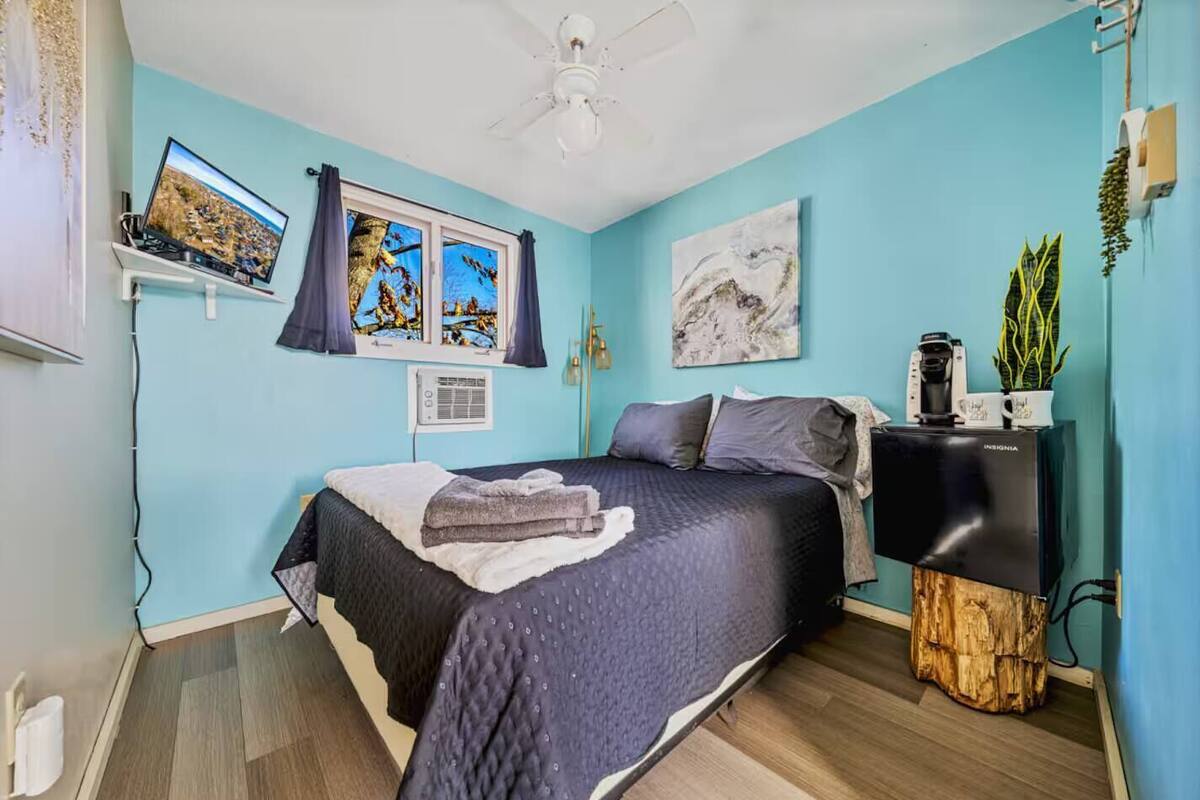 A bedroom with a bed, a ceiling fan, a coffee machine, and a plant.