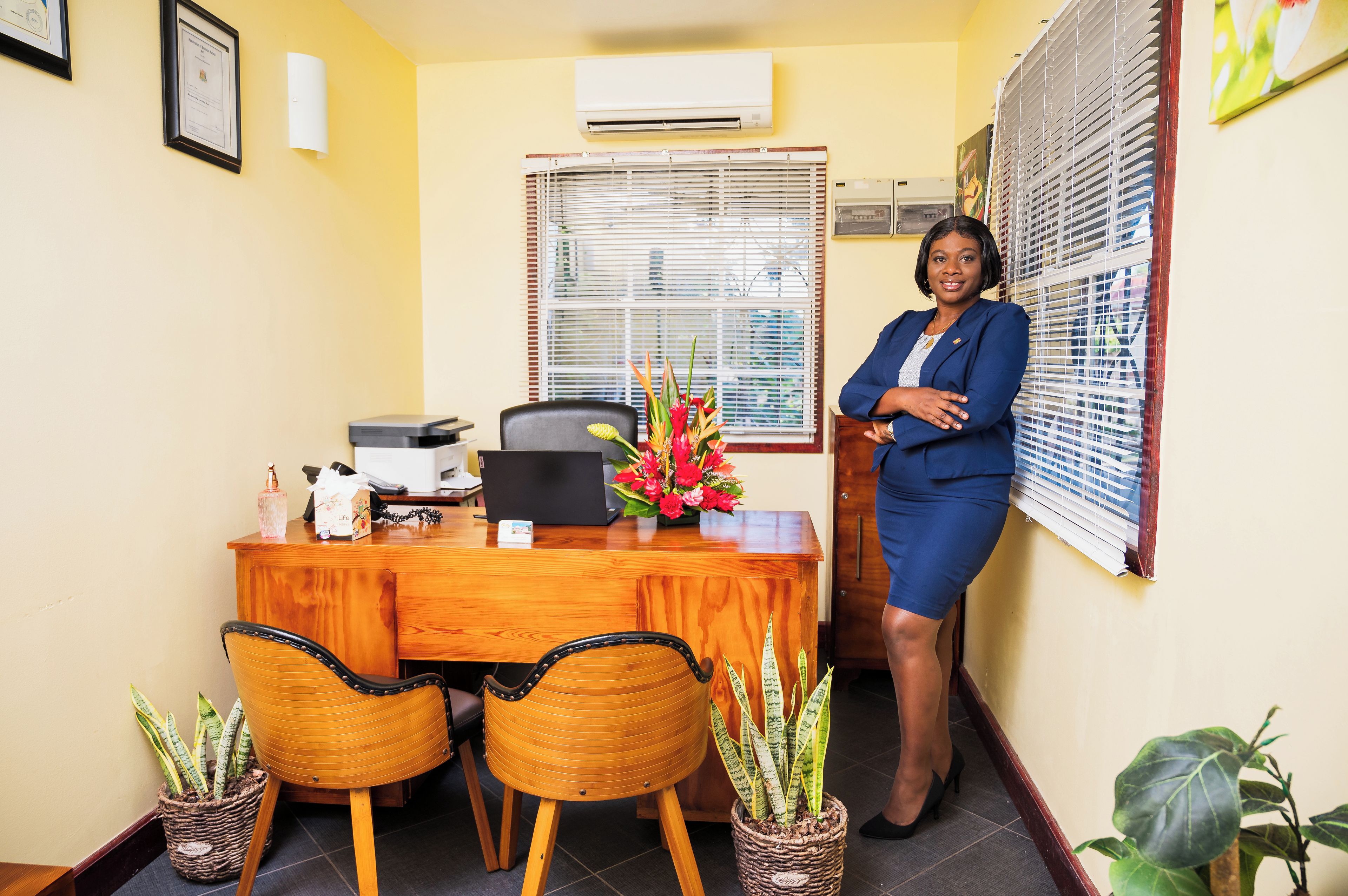 A reception area with a wooden desk, two chairs, a potted plant, and a person standing with arms crossed.