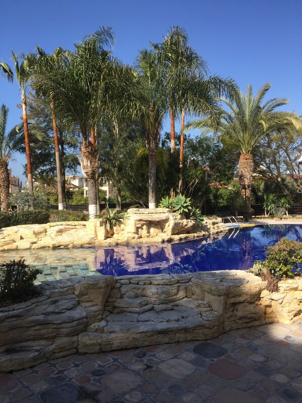 A swimming pool surrounded by palm trees and stone walls. - De Michanna Properties (Anarita)