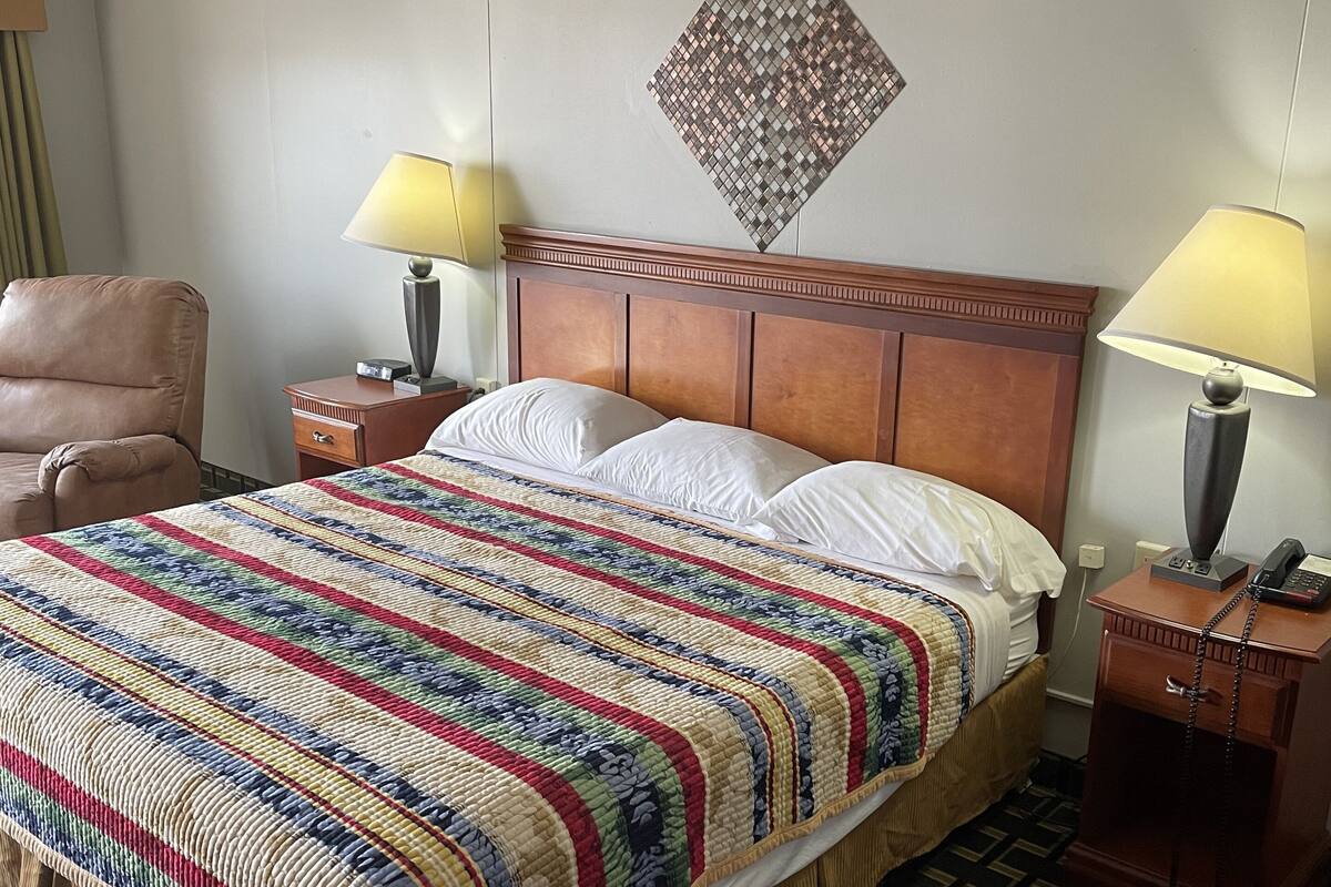Una habitación de hotel con una cama grande, dos mesitas de noche con lámparas, una silla y una alfombra estampada.