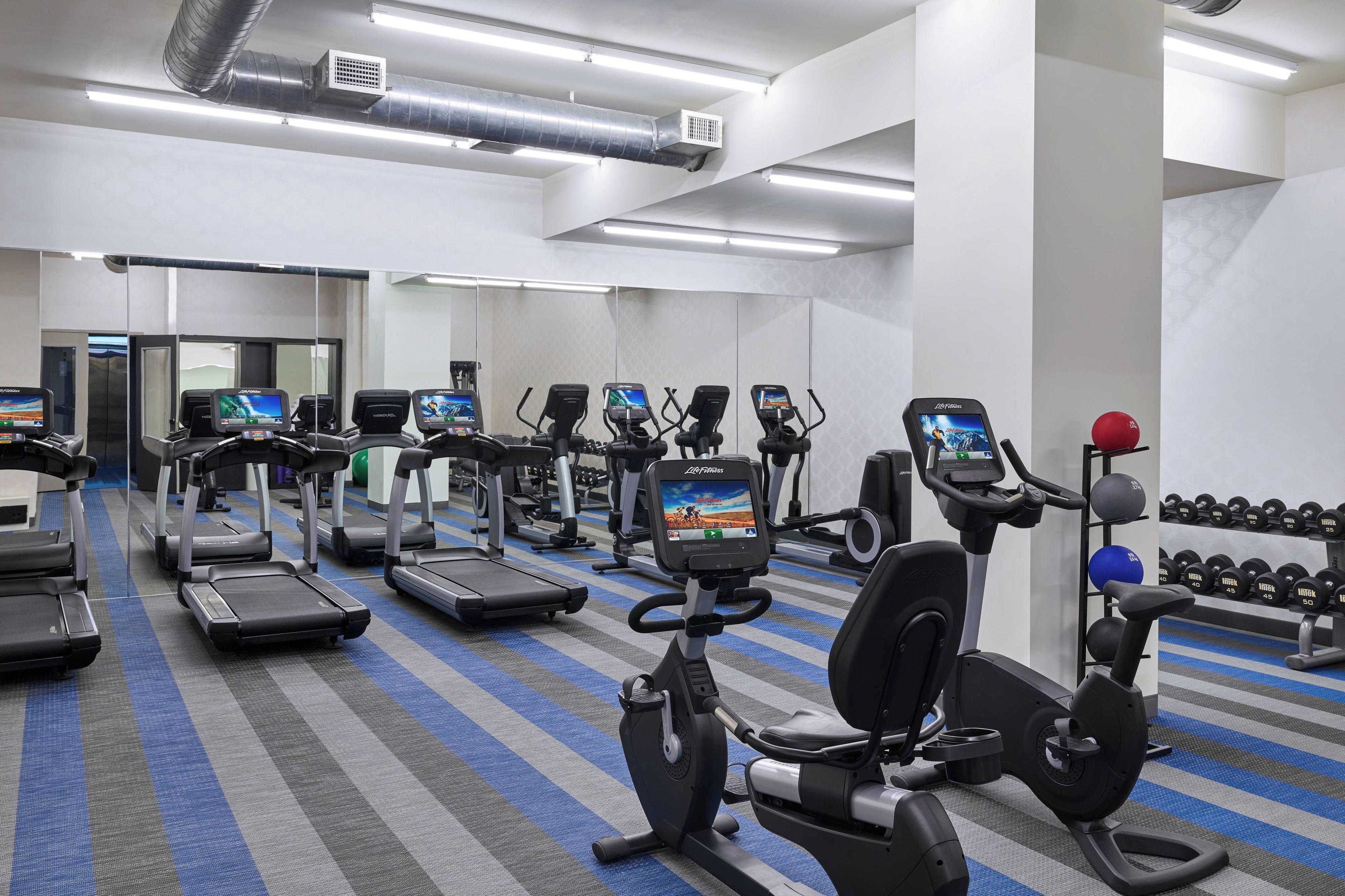 A gym with treadmills, elliptical machines, and weightlifting equipment.
