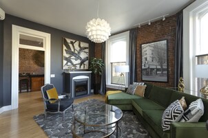 Romantic Apartment, 1 King Bed, Non Smoking, Fireplace (4TH) | Living area | Flat-screen TV, fireplace