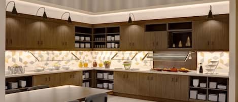 A modern kitchen with wooden cabinets, a dining table, and chairs. There are overhead lights and a patterned backsplash.