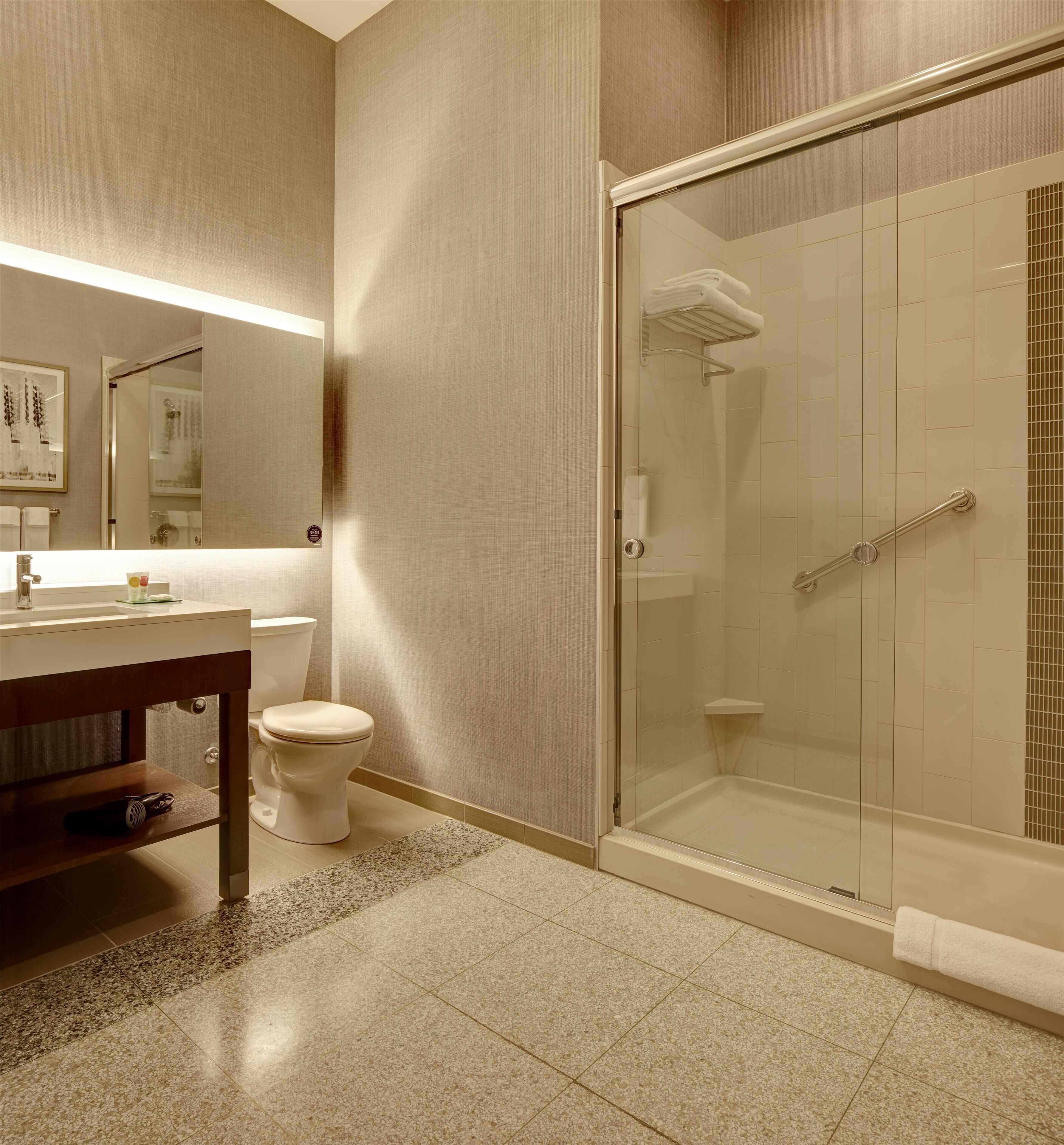 A modern bathroom with a glass-enclosed shower, a toilet, and a vanity with a mirror.