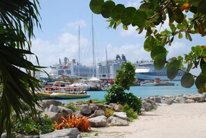 A marina with multiple cruise ships docked, surrounded by rocks and greenery.